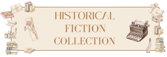 Piles of books, typewriter, quill, text "HISTORICAL FICTION COLLECTION"